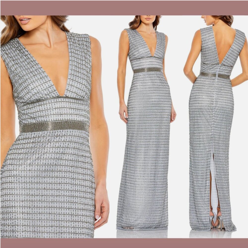 NWT $598 Mac Duggal [ 8 ] Beaded‎ Cap Sleeve V Neck Column Gown in Silver #Q713
